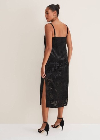 Phase Eight Fayette Textured Velvet Slip Dress Black USA | 4130829-HW